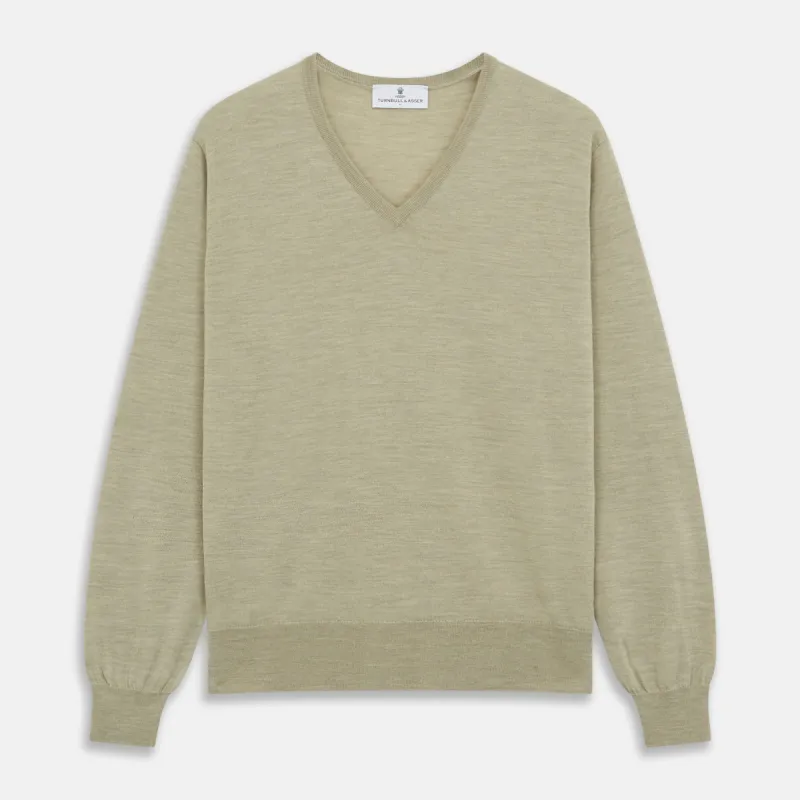 Light Green Kennedy Merino V-Neck Jumper made by Turnbull & Asser