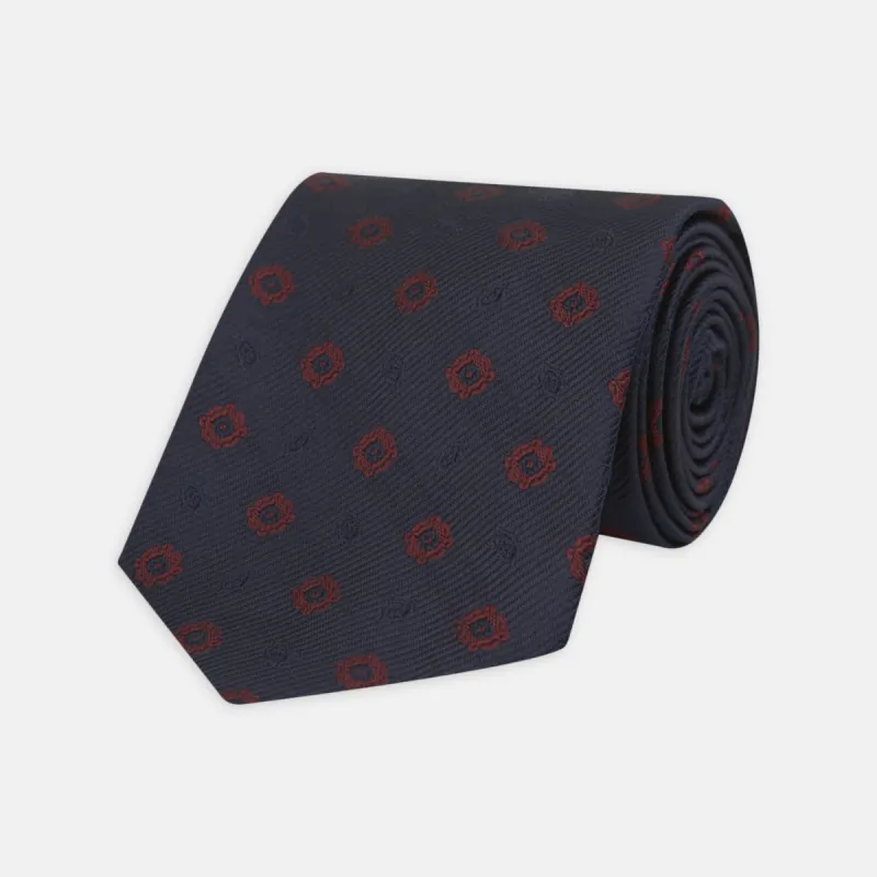 Navy and Burgundy Emblem Spot Silk Tie sold by Turnbull & Asser