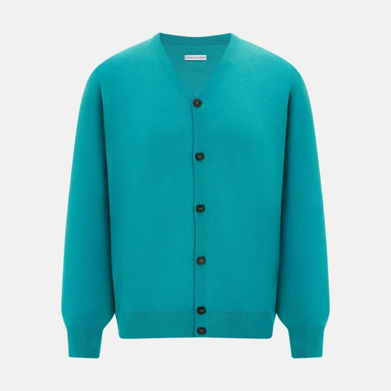 Turquoise Fine Merino V-Neck Cardigan sold by Turnbull & Asser