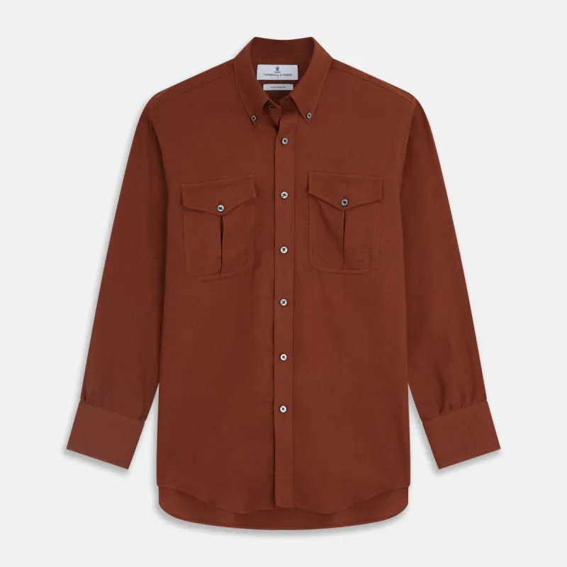 Burgundy Cotton and Cashmere Weekend Fit Shirt with Dorset Collar and 1-Button Cuffs sold by Turnbull & Asser