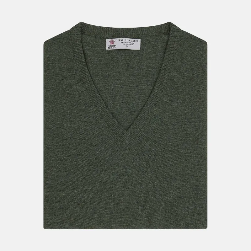 Green V-Neck Cashmere Slipover sold by Turnbull & Asser