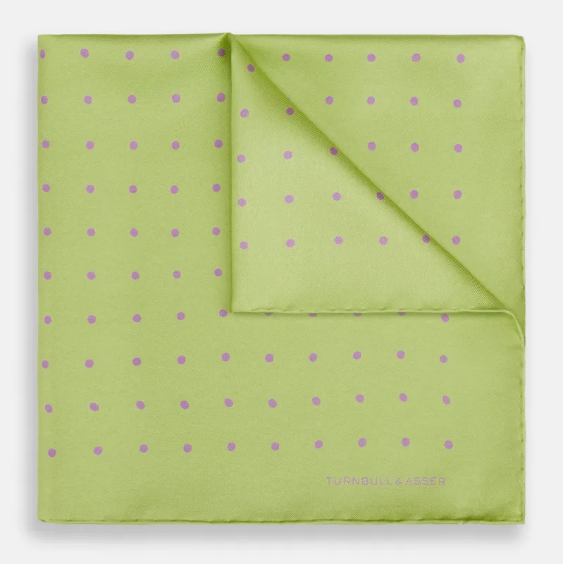 Melon Green and Lilac Spot Silk Pocket Square sold by Turnbull & Asser