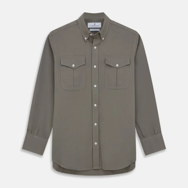 Dusty Sage Cotton Drill Weekend Fit Nevis Shirt sold by Turnbull & Asser