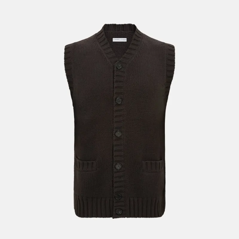 Brown Merino V-Neck Sleeveless Cardigan sold by Turnbull & Asser