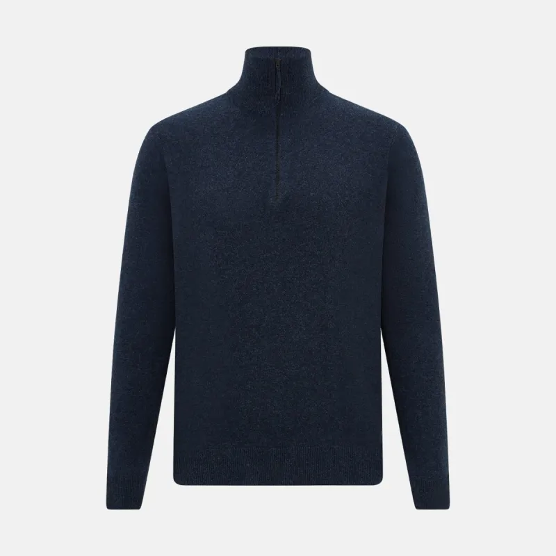 Navy Melange Half-Zip Cashmere Jumper sold by Turnbull & Asser