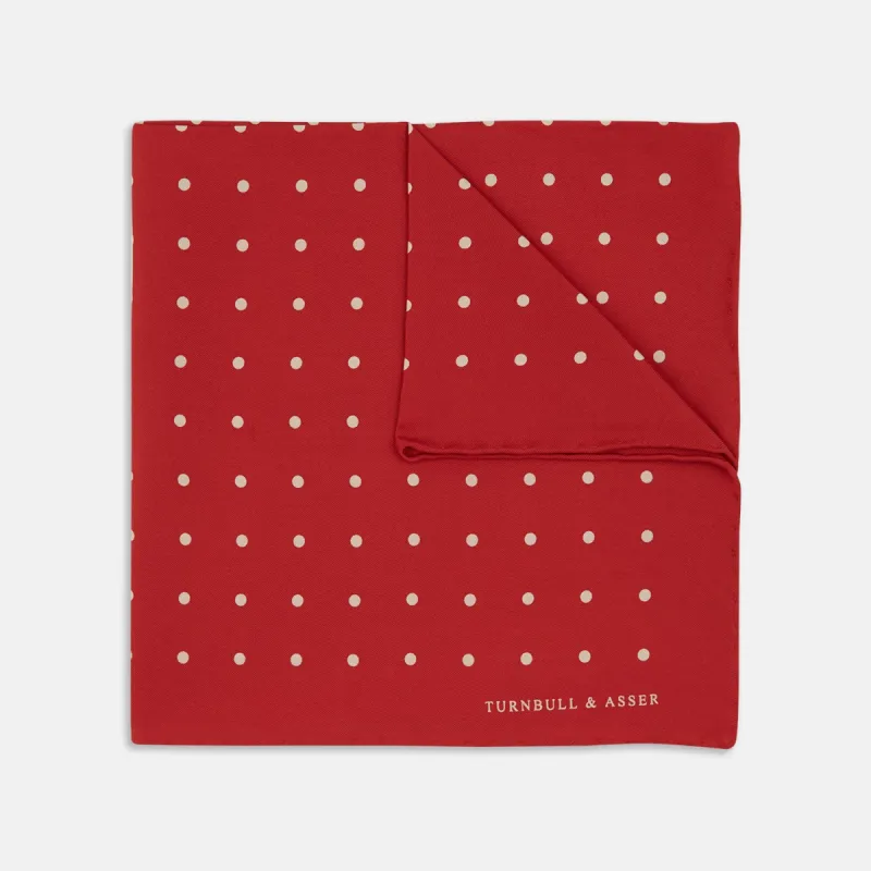 Red and White Spot Silk Pocket Square sold by Turnbull & Asser