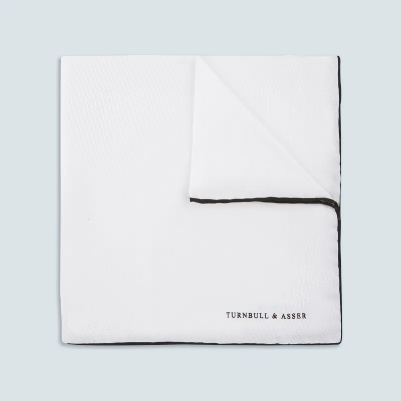 White and Black Piped Silk Pocket Square sold by Turnbull & Asser
