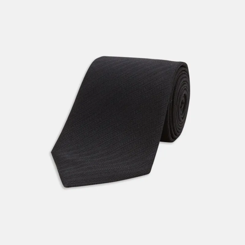 Slim Black Herringbone Silk Tie sold by Turnbull & Asser