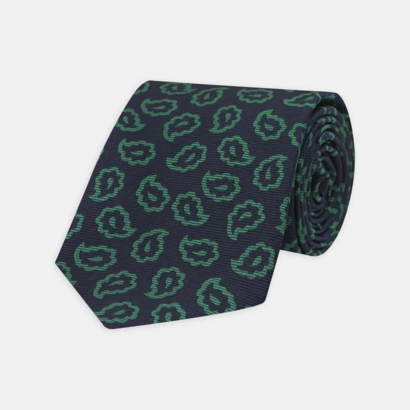 Navy and Green Petal Paisley Silk Tie sold by Turnbull & Asser