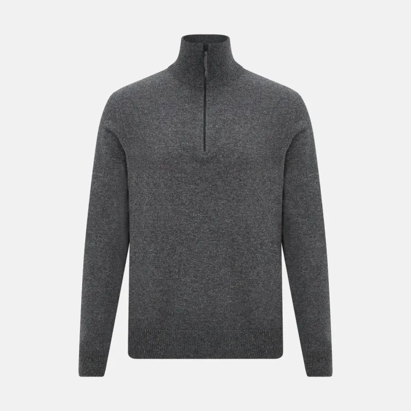 Charcoal Grey Melange Half-Zip Cashmere Jumper sold by Turnbull & Asser