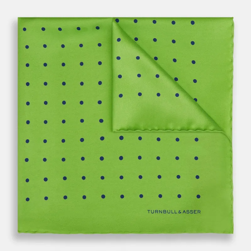 LIME GREEN AND BLUE SPOT SILK POCKET SQUARE sold by Turnbull & Asser
