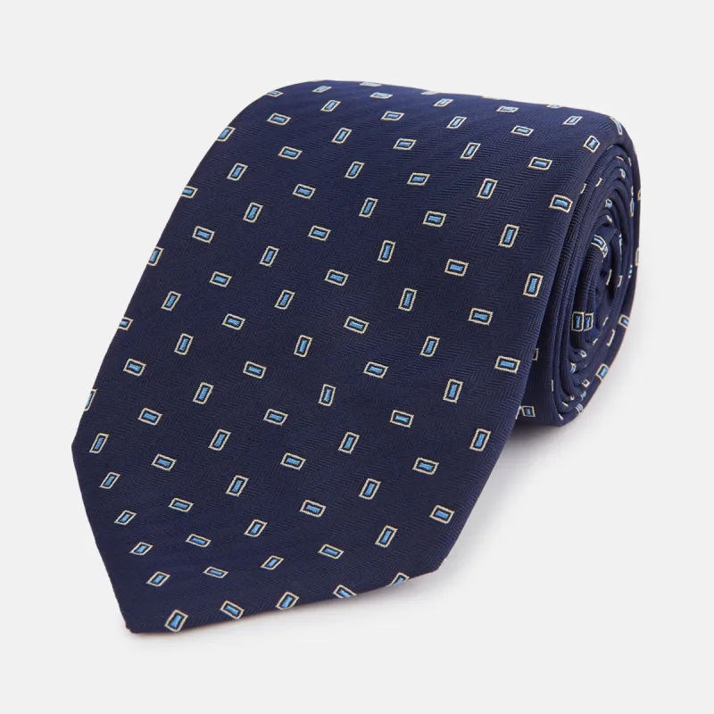 Navy Micro Rectangle Silk Tie sold by Turnbull & Asser