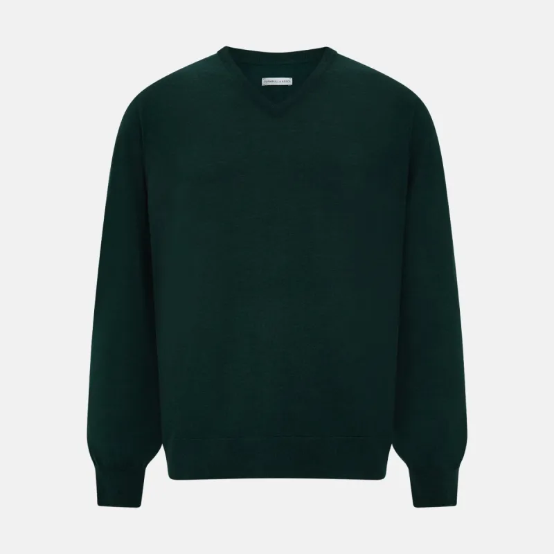 Petrol Green Merino V-Neck Jumper sold by Turnbull & Asser