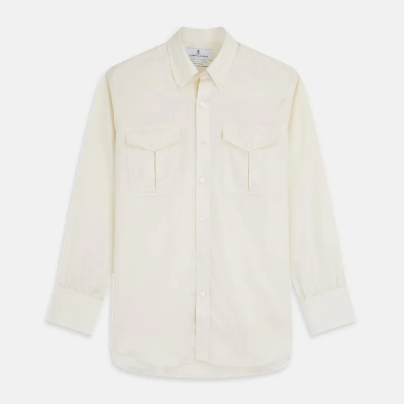 Cream Herringbone Fine Cotton Weekend Officer Fit Shirt with Dorset Collar sold by Turnbull & Asser