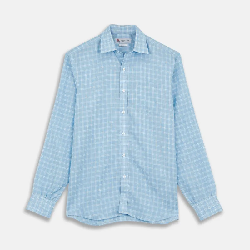 Weekend Fit Blue Plaid Linen Shirt with Derby Collar and 1-Button Cuffs sold by Turnbull & Asser