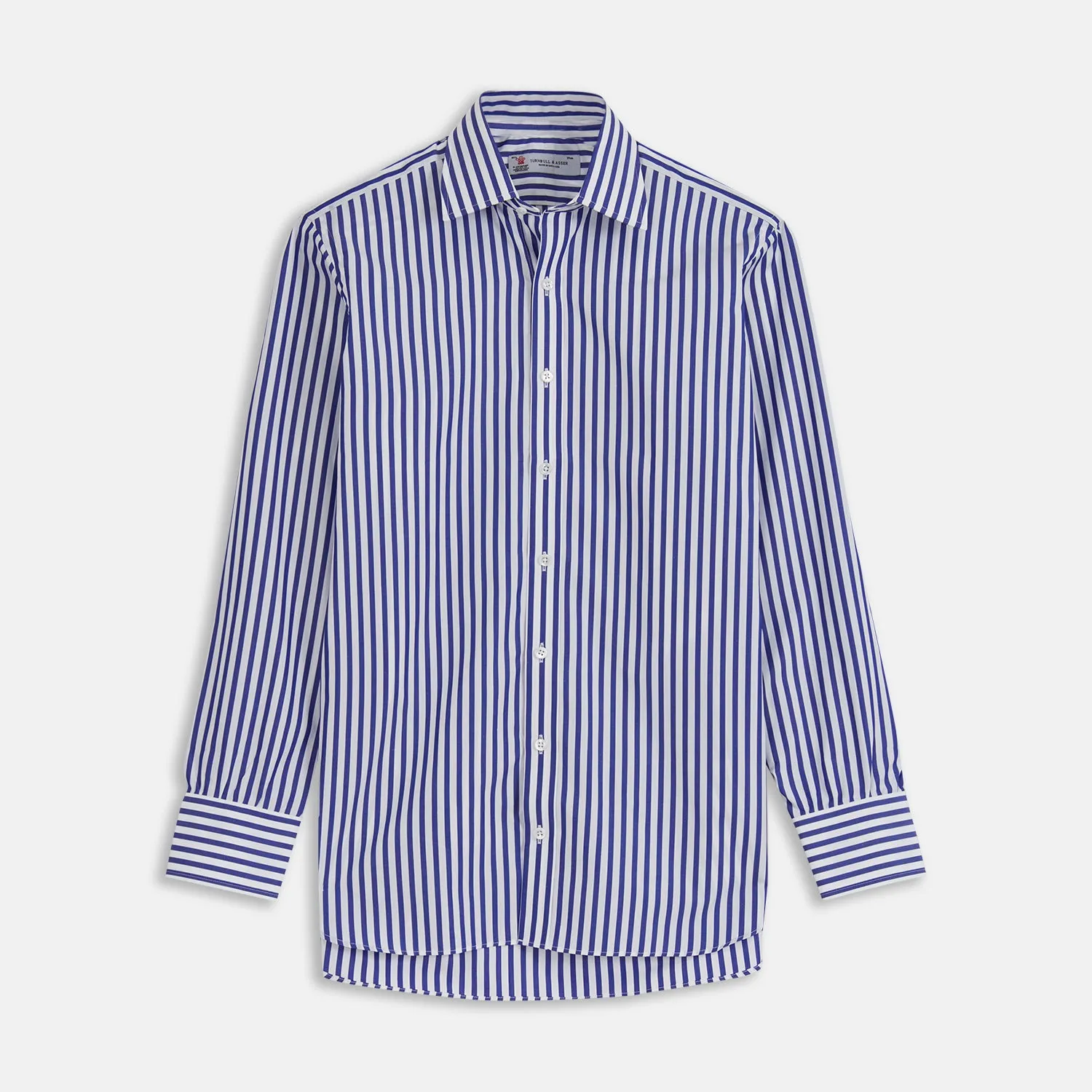 Blue and White Wide Stripe Shirt with T&A Collar and 3-Button Cuffs sold by Turnbull & Asser