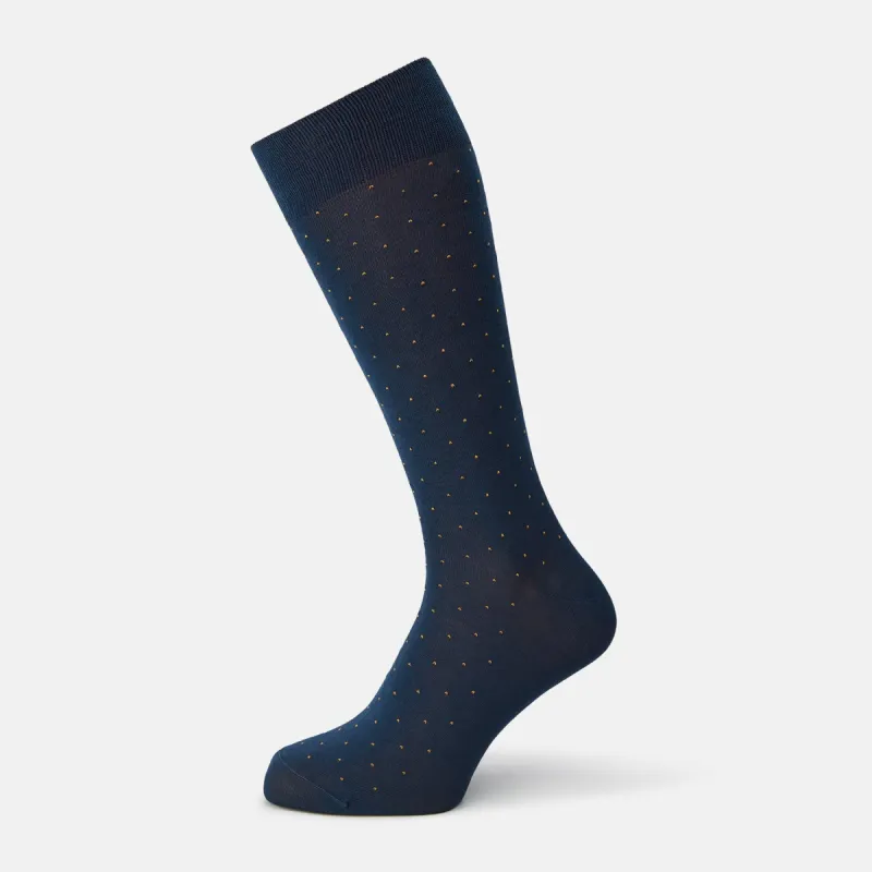 Blue and Gold Polka Dot Cotton Mid-length Socks sold by Turnbull & Asser