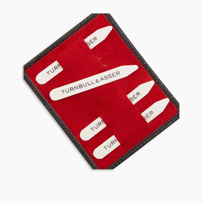 Bone Collar Stays in Black Leather Lined Red Suede Tray sold by Turnbull & Asser