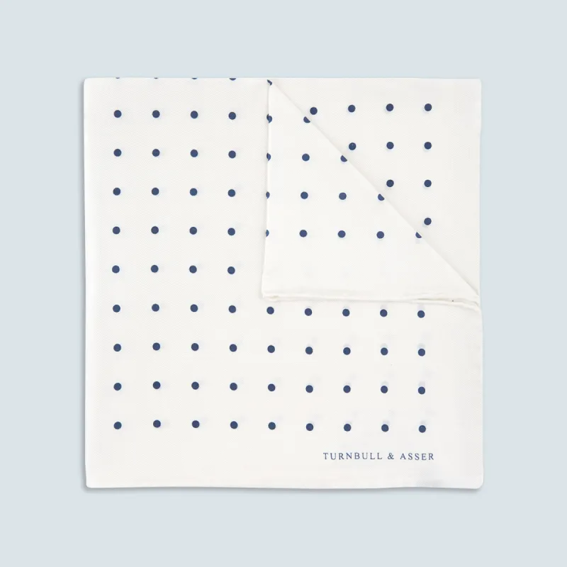White and Navy Spot Silk Pocket Square sold by Turnbull & Asser