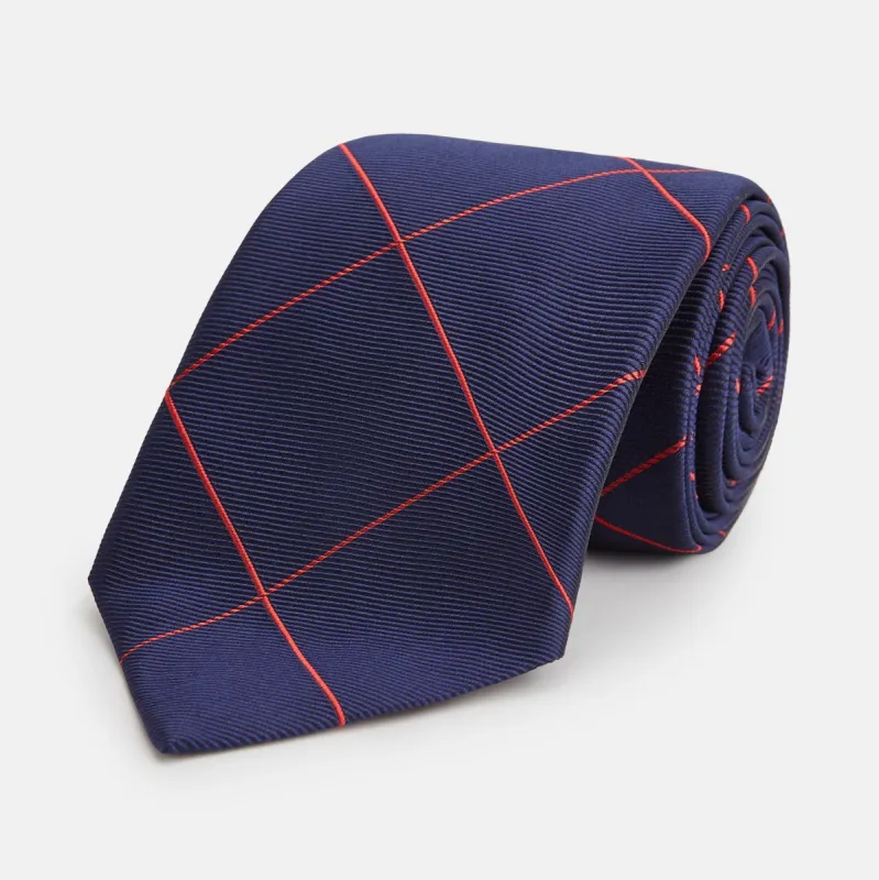 Red and Navy Window Pane Silk Tie sold by Turnbull & Asser