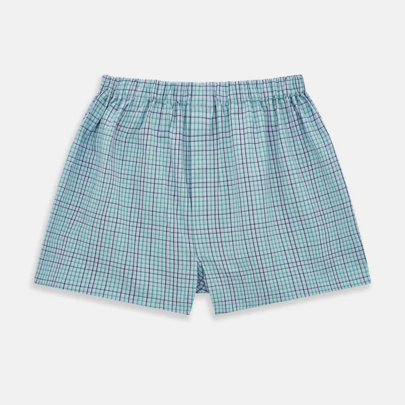 Pale Blue And Green  Multi Check Godfrey Boxer Shorts sold by Turnbull & Asser