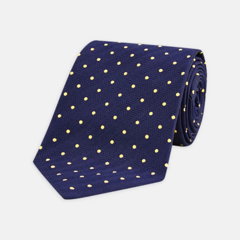 Navy Spot Woven Herringbone Silk Tie sold by Turnbull & Asser