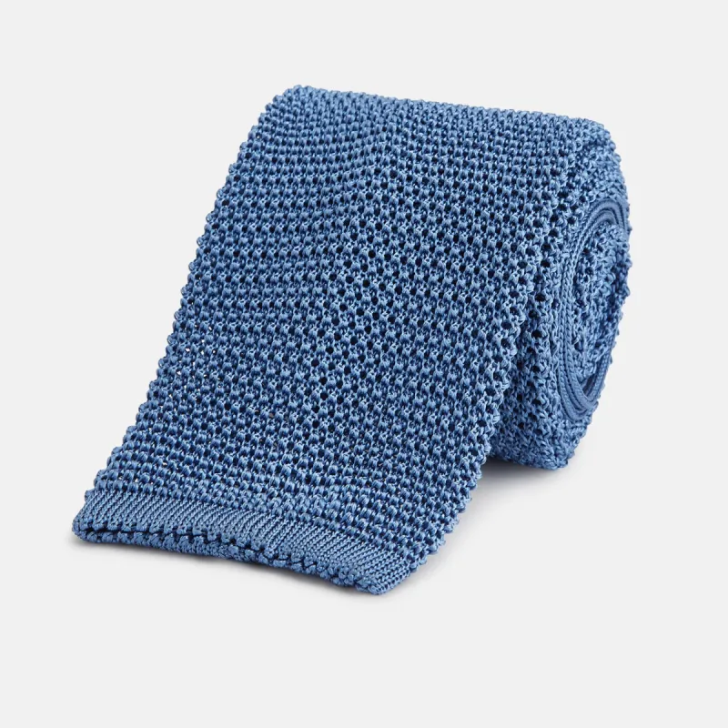 KNITTED MID BLUE SILK PLAIN TIE sold by Turnbull & Asser