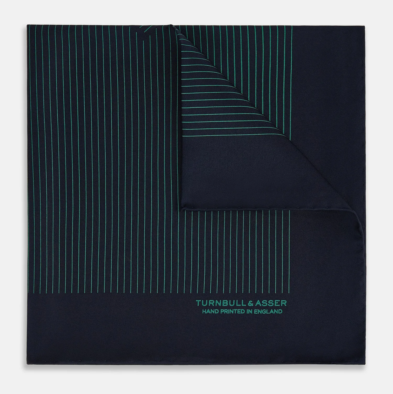 Navy and Hunter Green Stripe Silk Pocket Square sold by Turnbull & Asser