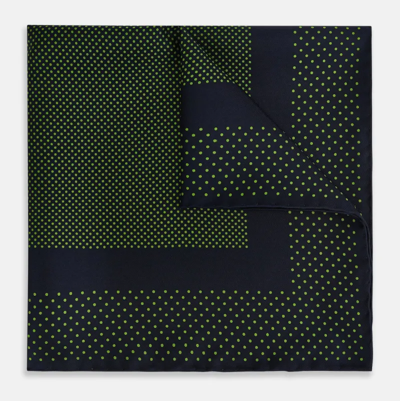 Navy and Kelly Green Dot Silk Pocket Square sold by Turnbull & Asser