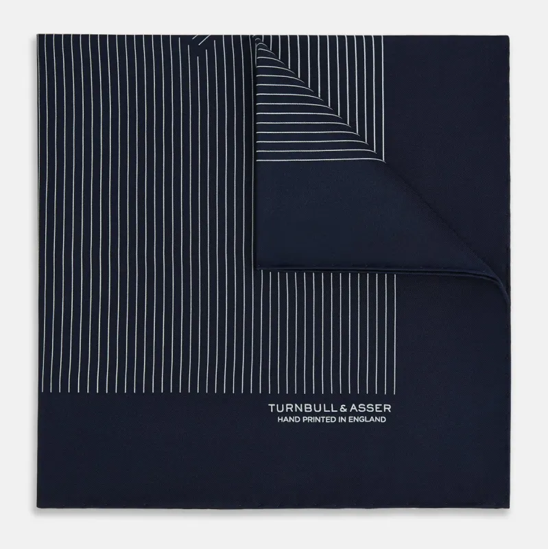 Navy and White Stripe Silk Pocket Square sold by Turnbull & Asser