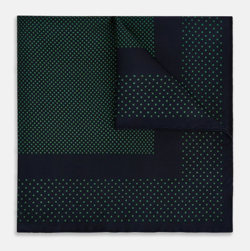 Navy and Green Dot Silk Pocket Square sold by Turnbull & Asser