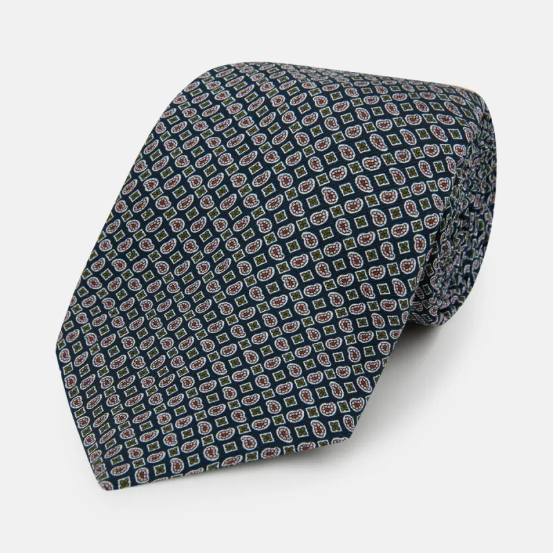 Navy Mélange Paisley and Square Print Silk Tie sold by Turnbull & Asser