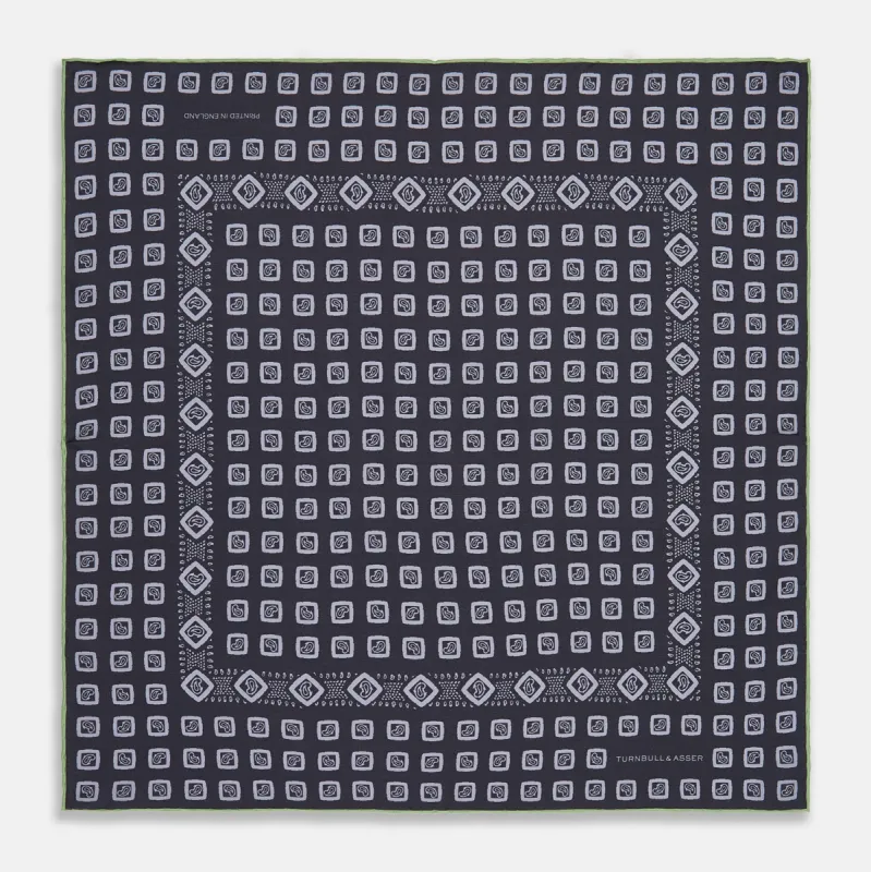 Navy Cubed Paisley Silk Pocket Square sold by Turnbull & Asser