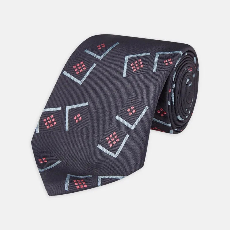 Navy Graphic Deco Silk Tie sold by Turnbull & Asser