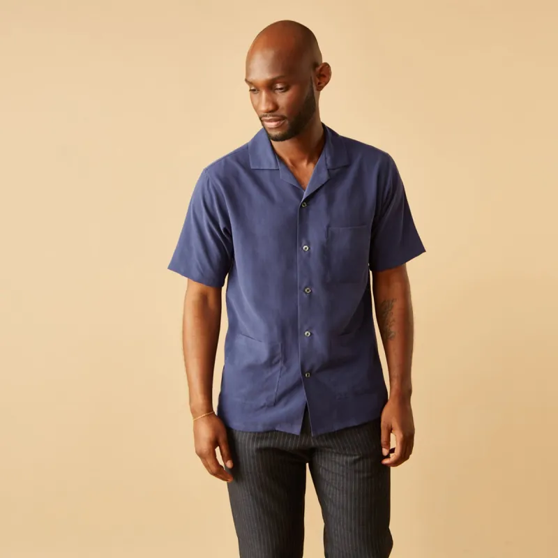 Navy Holiday Fit Silk Phillips Shirt with Revere Collar sold by Turnbull & Asser