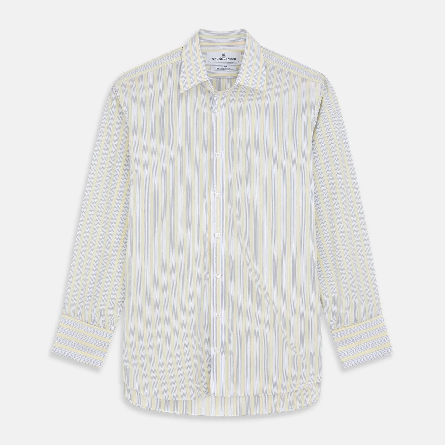 Yellow and Pale Blue Multi Stripe Cotton Regular Fit Whitby Shirt sold by Turnbull & Asser