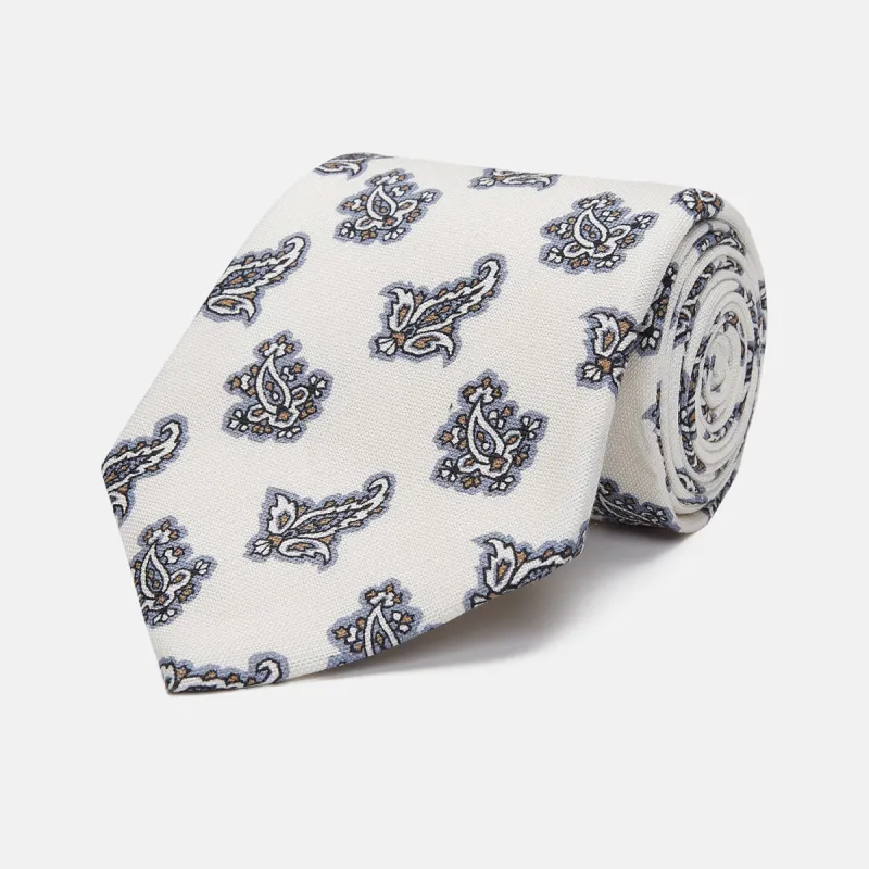 Ecru Paisley Floral Cotton Silk Blend Tie sold by Turnbull & Asser