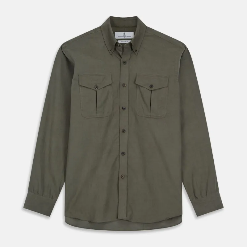 Khaki Corduroy Officer Weekend Fit Shirt with Dorset Collar and One-Button Cuffs sold by Turnbull & Asser