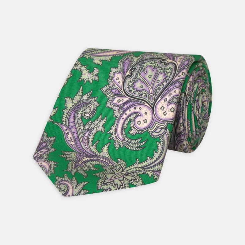 Green and Purple Large Paisley Printed Silk Tie sold by Turnbull & Asser