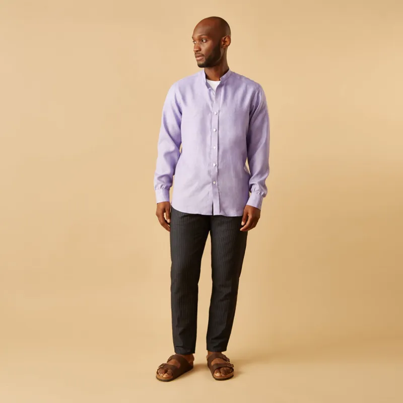 Lilac Weekend Fit Linen Blake Shirt with Stand Collar and 1-Button Cuffs sold by Turnbull & Asser