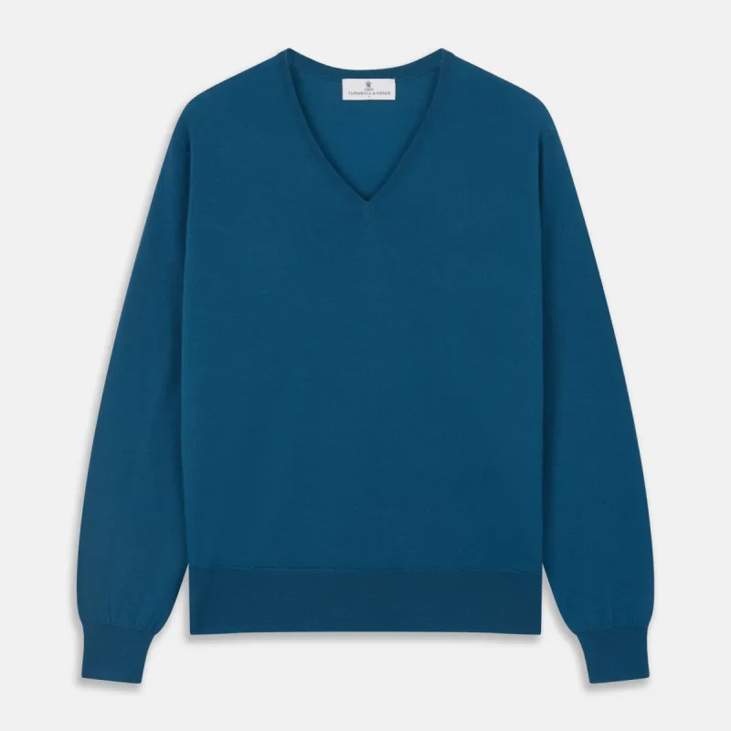 Ocean Blue Merino Kennedy V-Neck Jumper sold by Turnbull & Asser