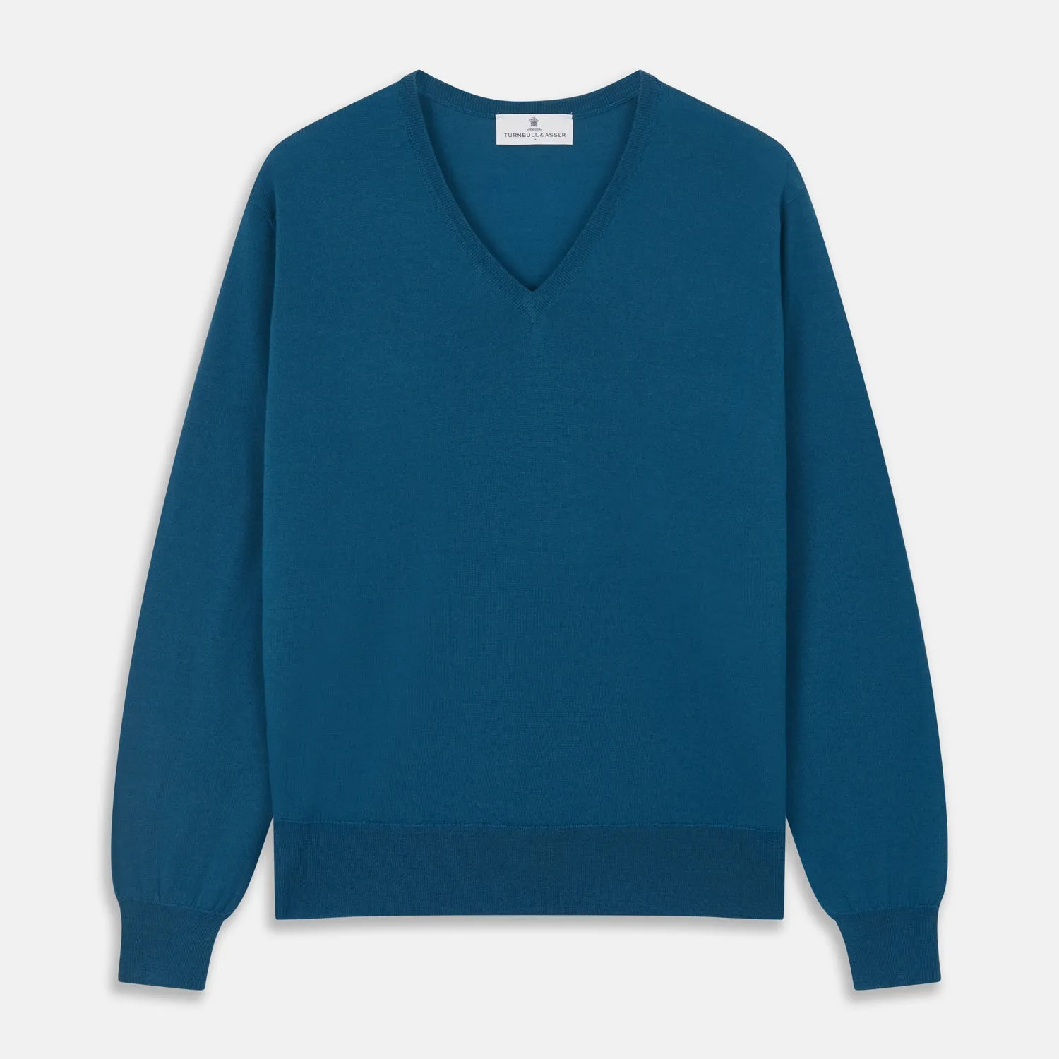 Ocean Blue Merino Kennedy V-Neck Jumper sold by Turnbull & Asser