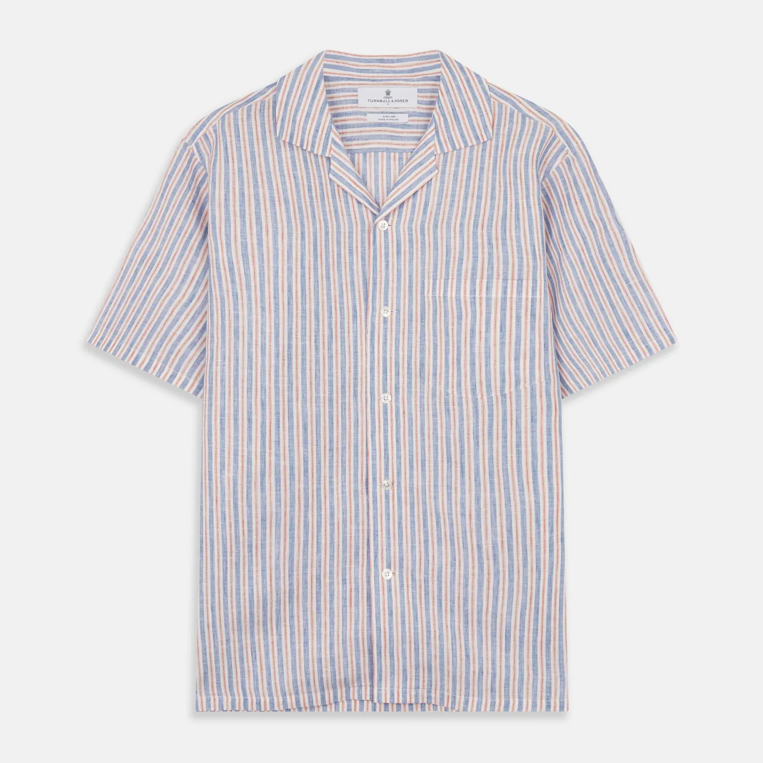 Blue and Red Linen Stripe Holiday Fit Shirt with Revere Collar sold by Turnbull & Asser