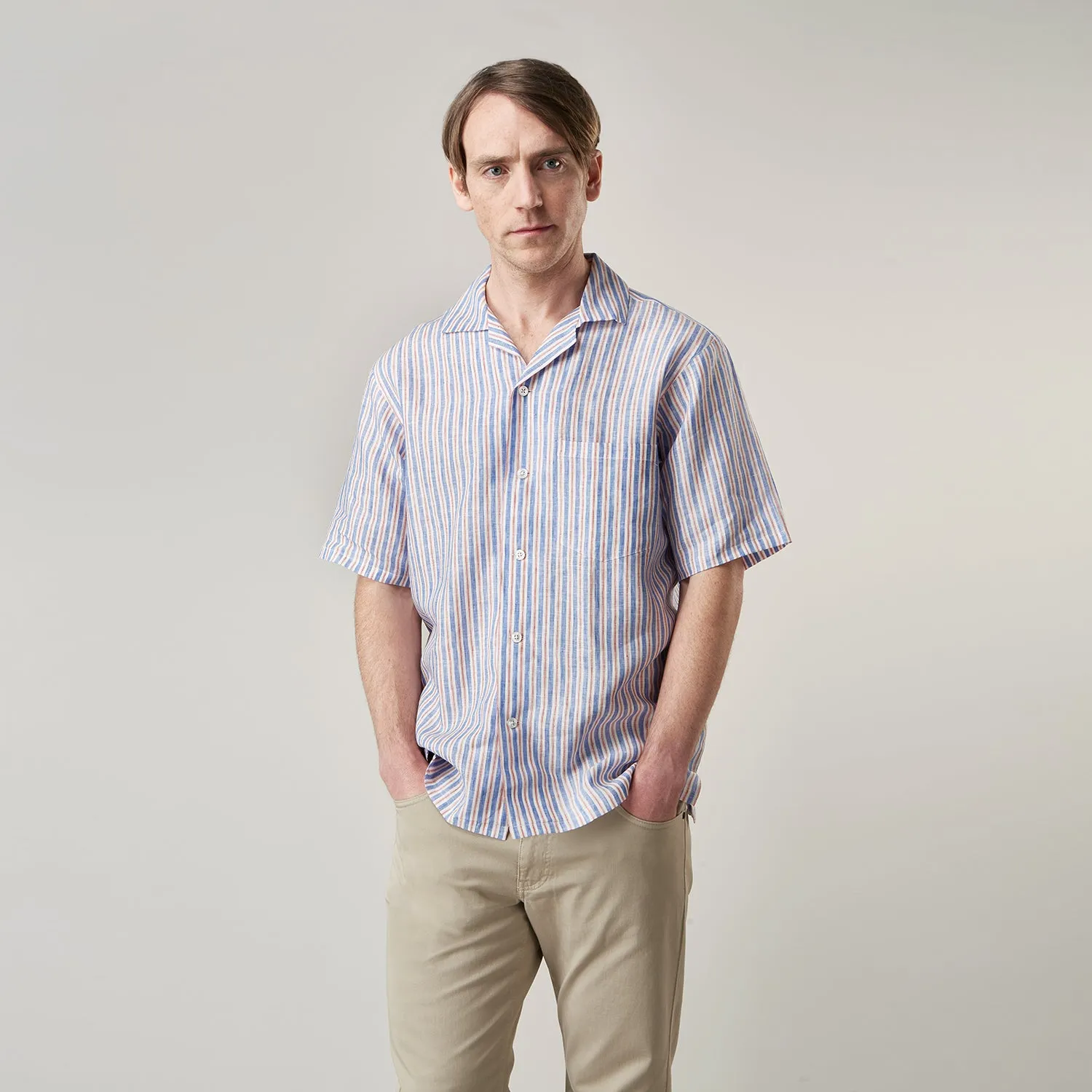 Blue and Red Linen Stripe Holiday Fit Shirt with Revere Collar sold by Turnbull & Asser product image thumbnail 5