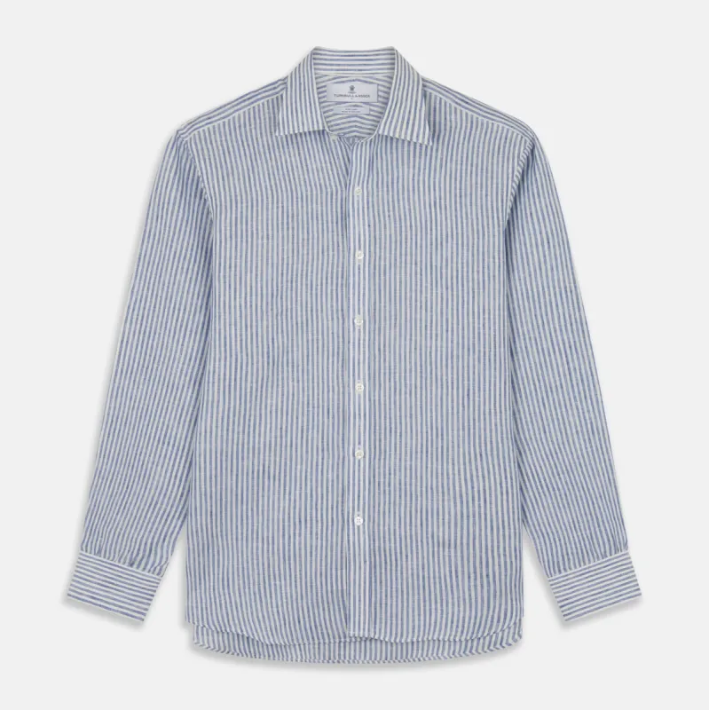 Sky Blue Linen Stripe Weekend Fit Shirt with Derby Collar sold by Turnbull & Asser