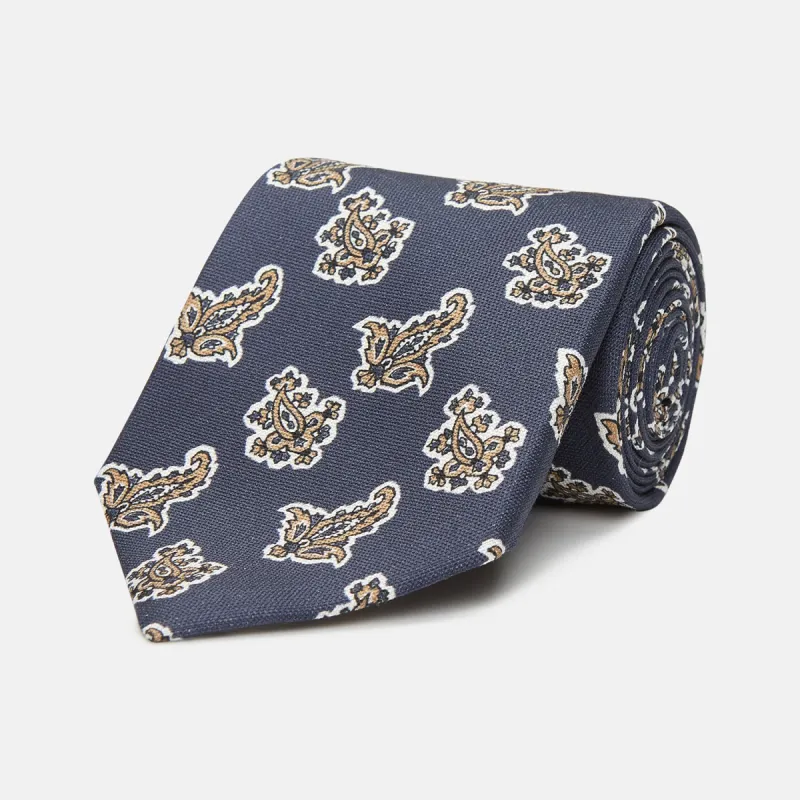 Navy Paisley Floral Cotton Silk Blend Tie sold by Turnbull & Asser