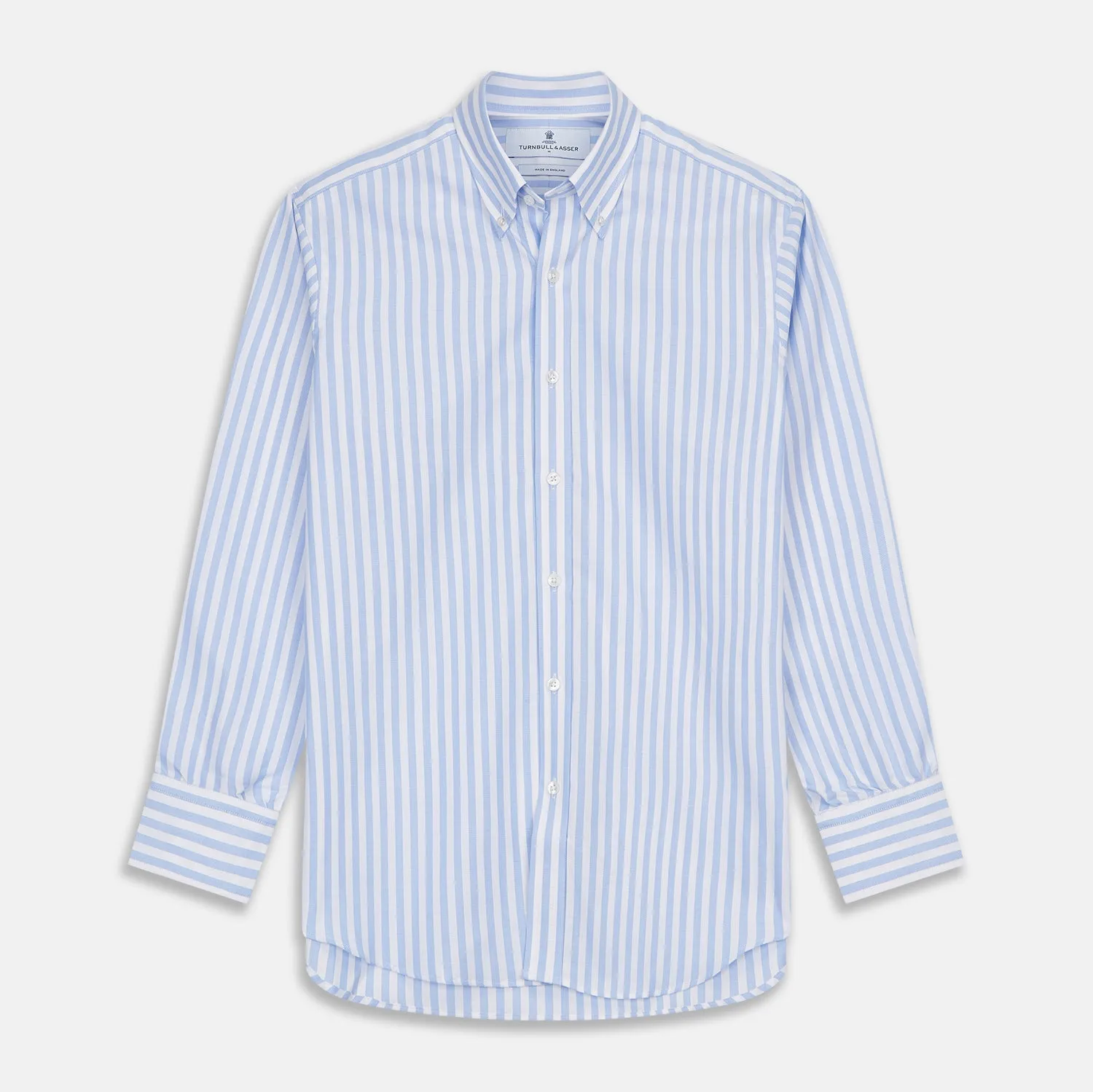 Blue and White Bengal Stripe Oxford Weekend Fit Shirt with Dorset Collar and 1-Button Cuffs sold by Turnbull & Asser