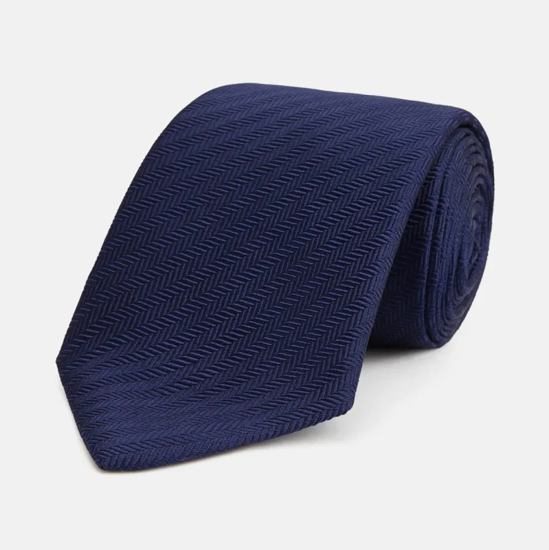 Slim Navy Herringbone Silk Tie sold by Turnbull & Asser