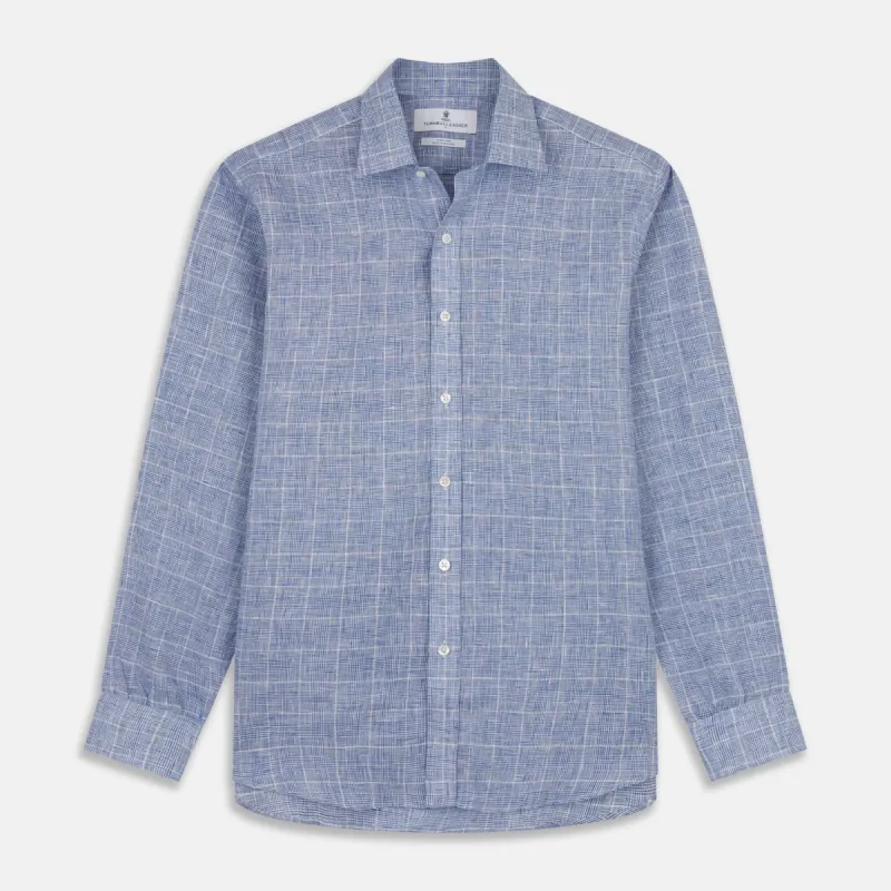 Indigo Linen Glen Check Weekend Fit Shirt with Derby Collar sold by Turnbull & Asser