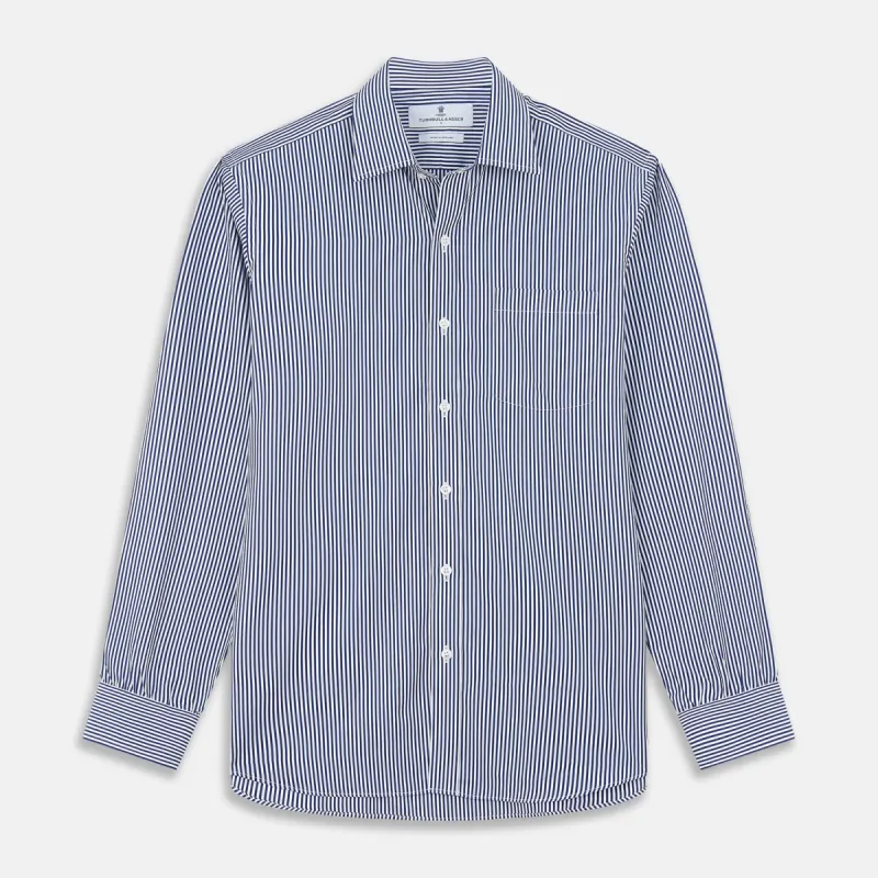 Navy & White Stripe Weekend Fit Shirt with Derby Collar and 1 Button Cuffs sold by Turnbull & Asser